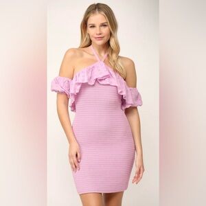 Pink Halter Mini Dress Eyelet Ruffle Off Shoulder Bodycon Stretch Summer Party